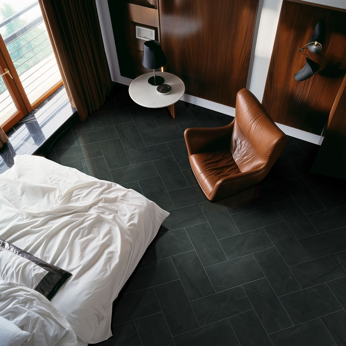 Midnight Agate countertop in a bedroom