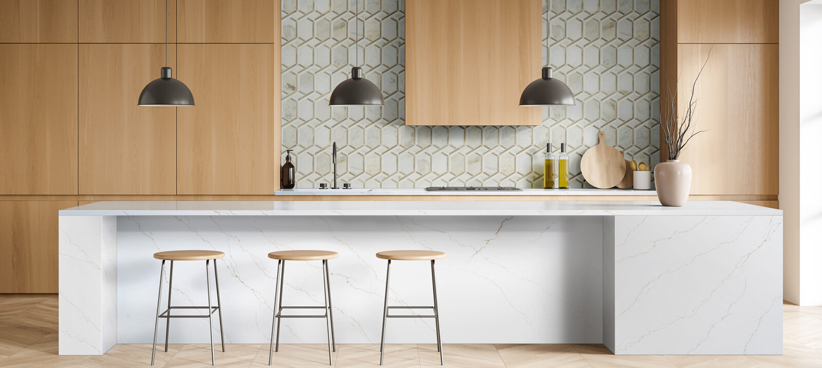 Kitchen faucet over a quartz countertop and sink