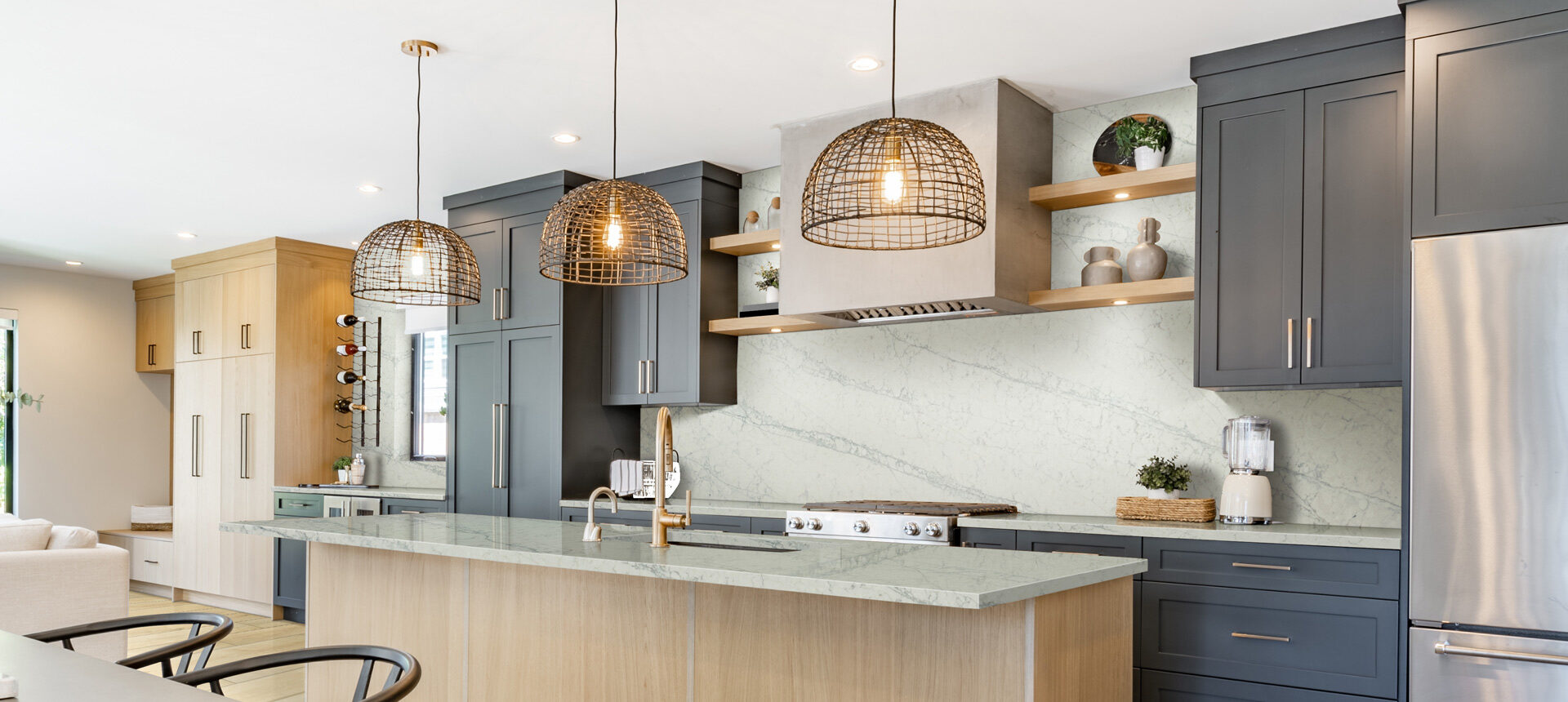 Quartz backsplash matched to a kitchen countertop