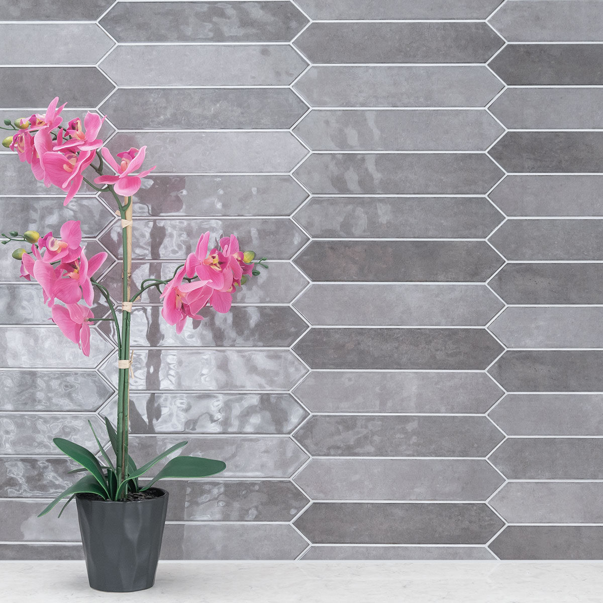 Renzo Storm 2.5x13 Pickett Wall Tile countertop installed