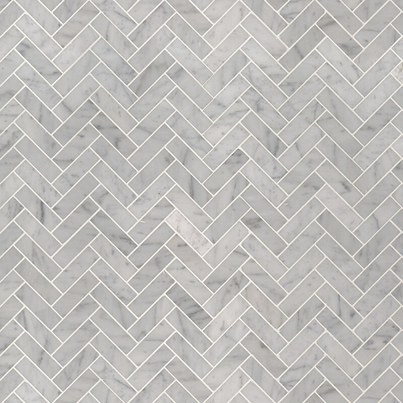 Carrara White 1x3 Herringbone Polished Glass in a kitchen