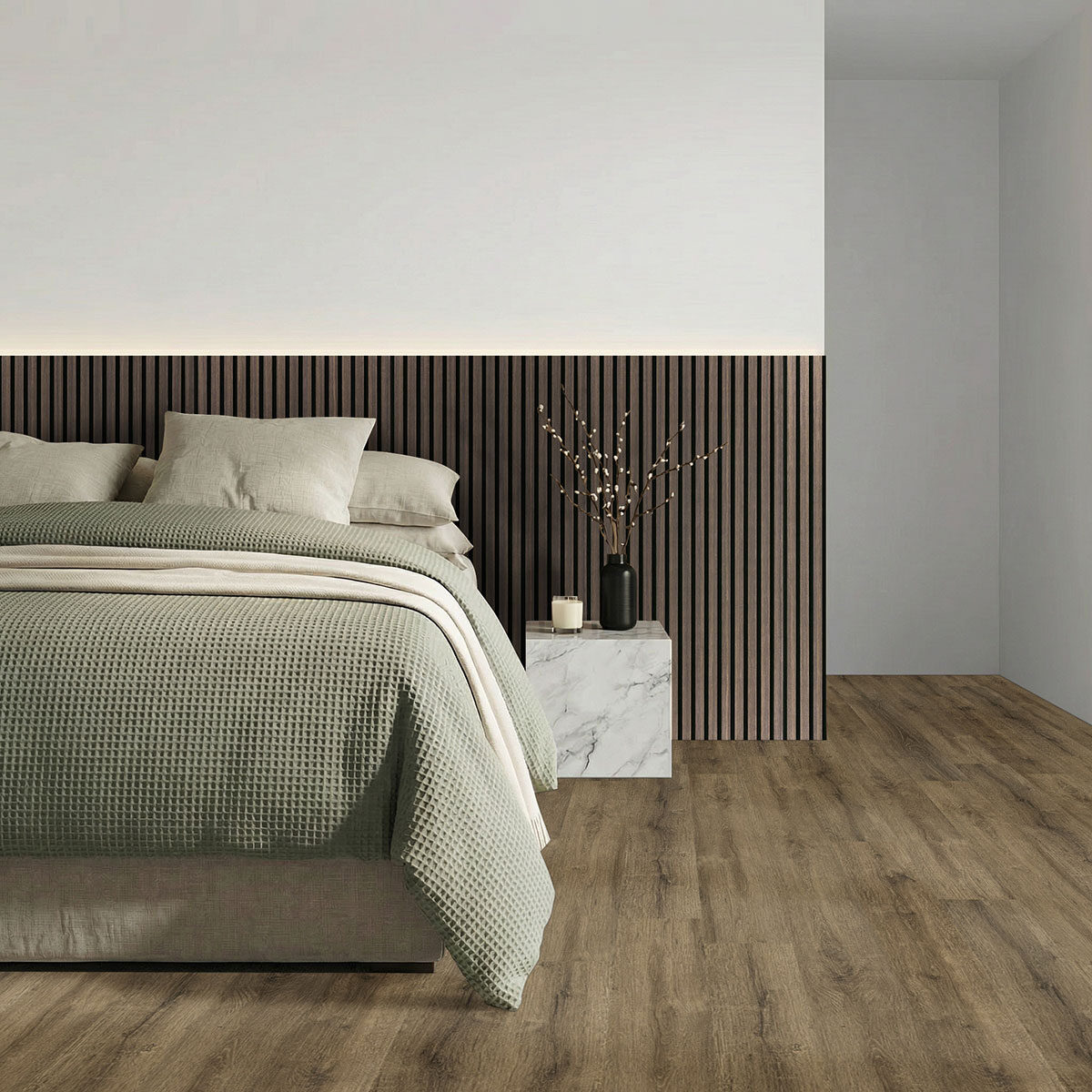Espresso 24x48 Acoustic Wood Slat countertop in a bedroom
