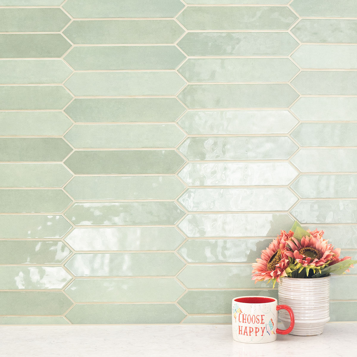 Renzo Jade 2.5x13 Pickett Wall Tile countertop installed