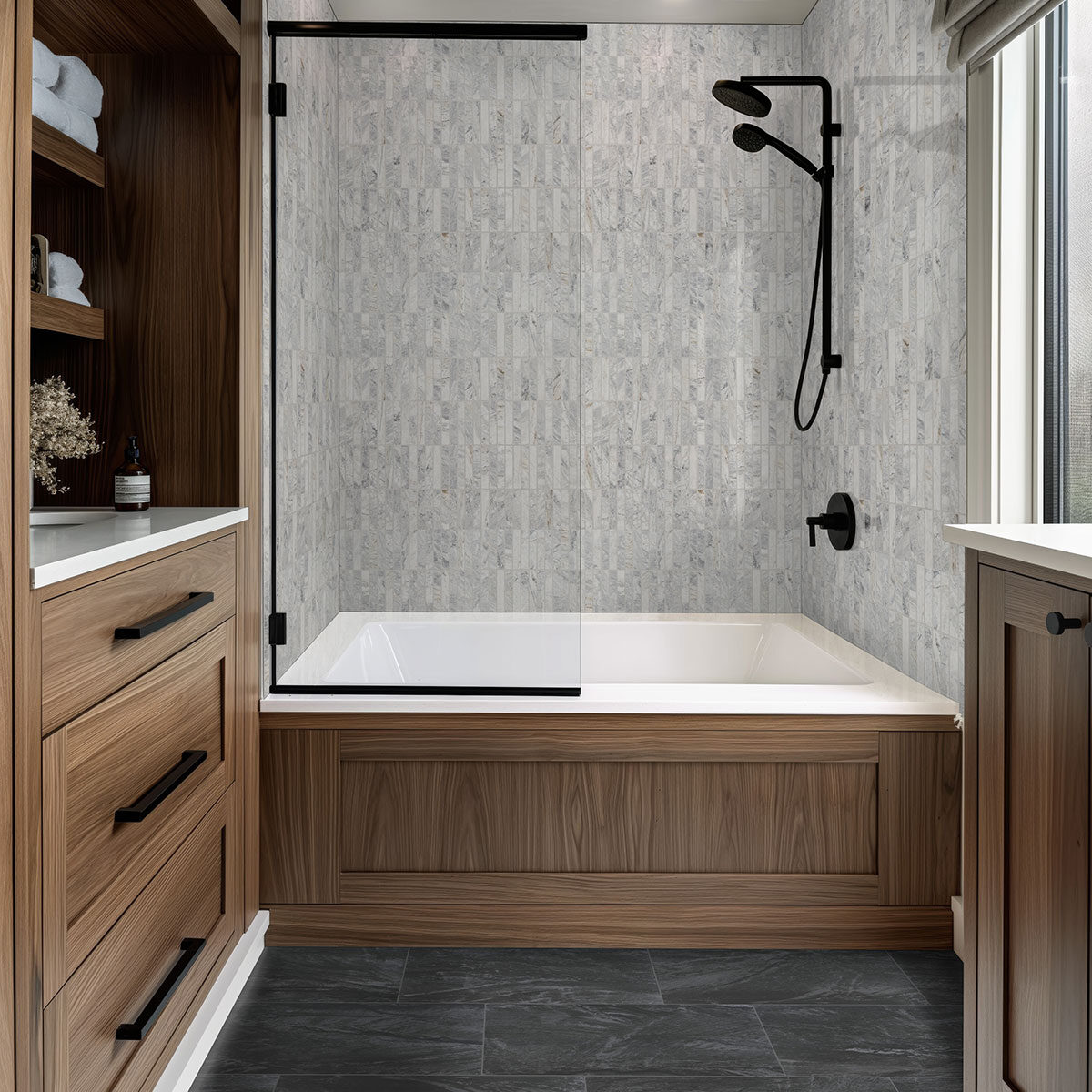 Capri Blue 1x6 Stack Pattern Honed countertop in a bathroom