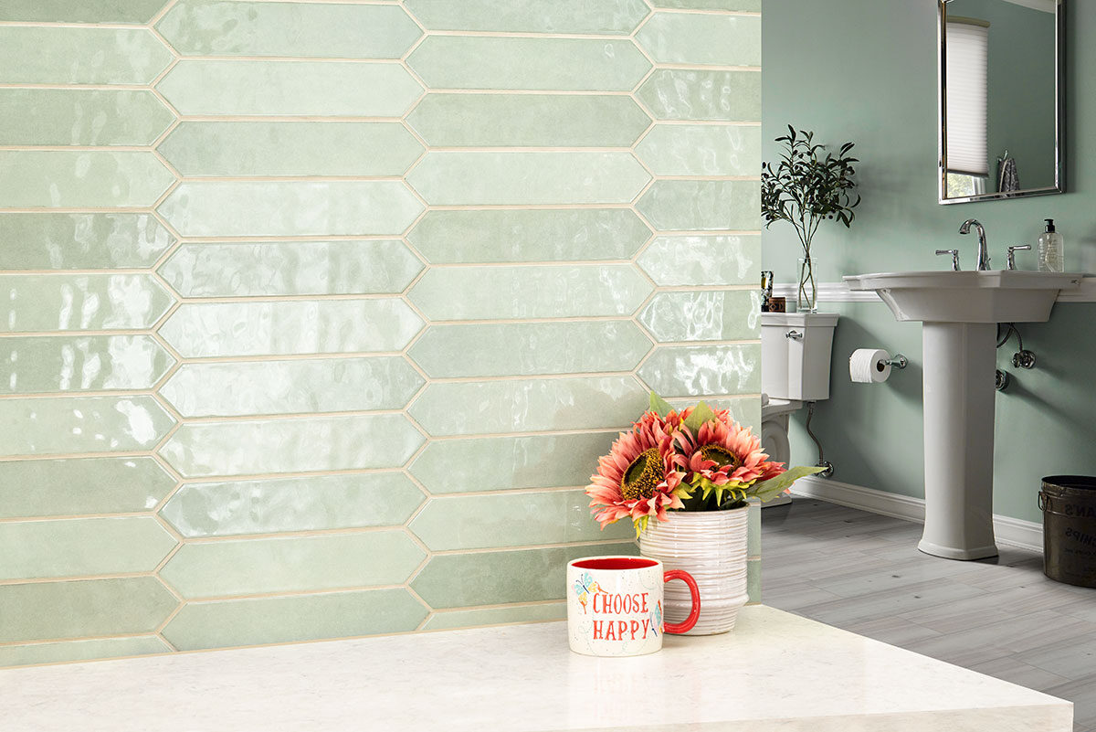 Renzo Jade 2.5x13 Pickett Wall Tile countertop installed