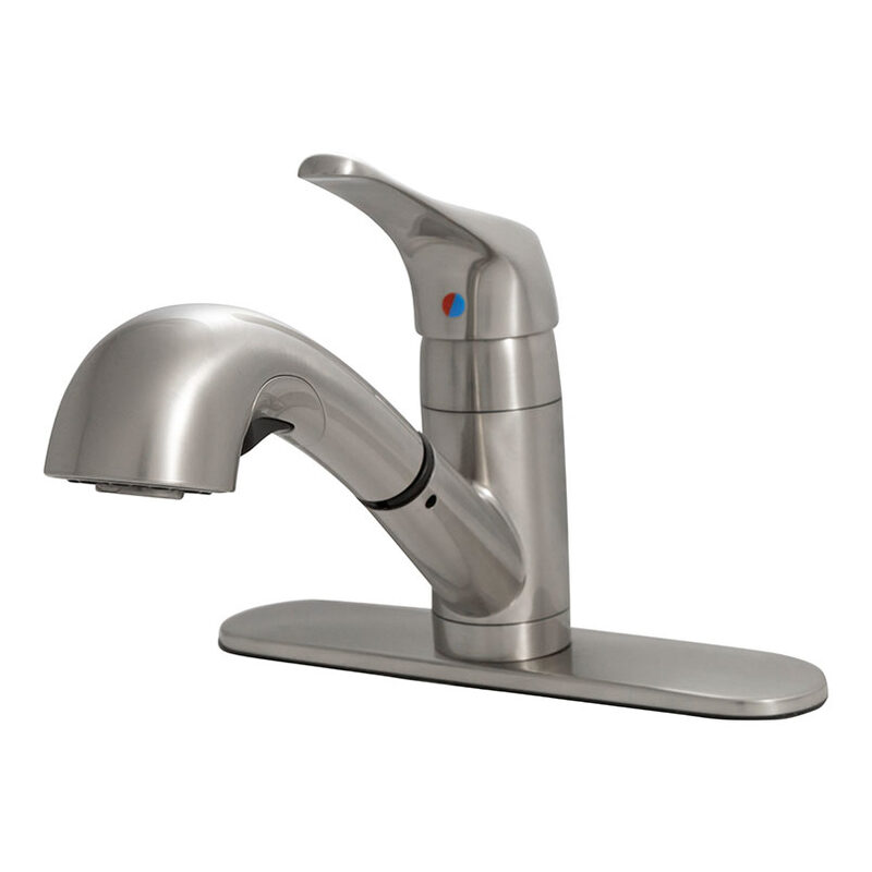 1-handle-pull-out-sprayer-kitchen-faucet-805-brushed-nickel Metal in a kitchen