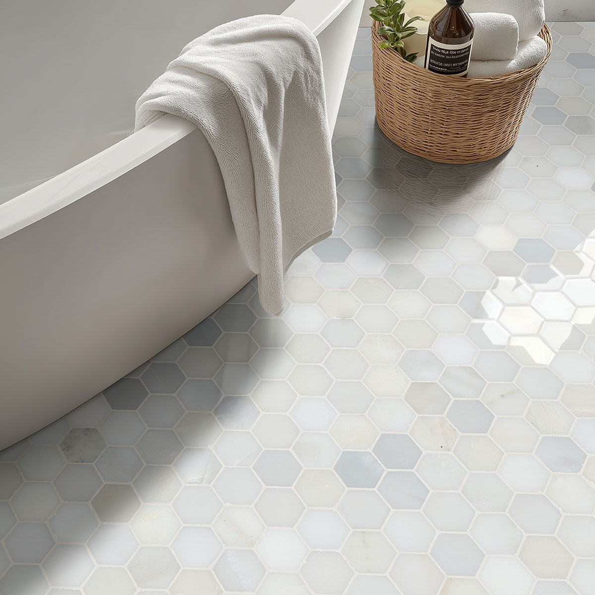 Greecian White 2"Hexagon Polished Glass in a kitchen