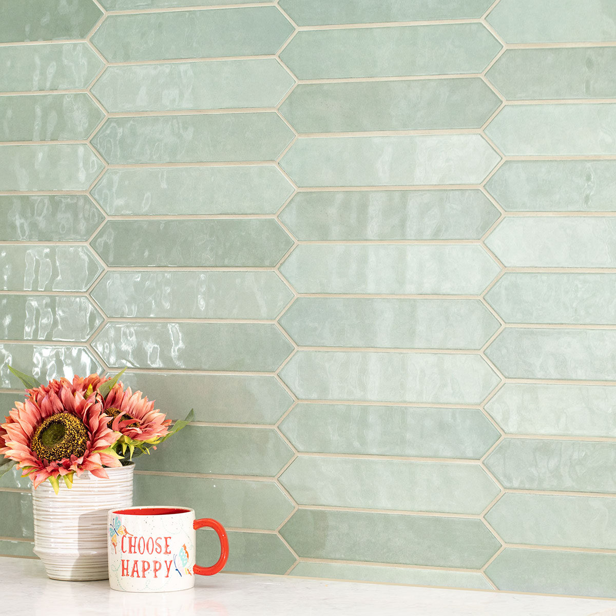 Renzo Jade 2.5x13 Pickett Wall Tile countertop installed