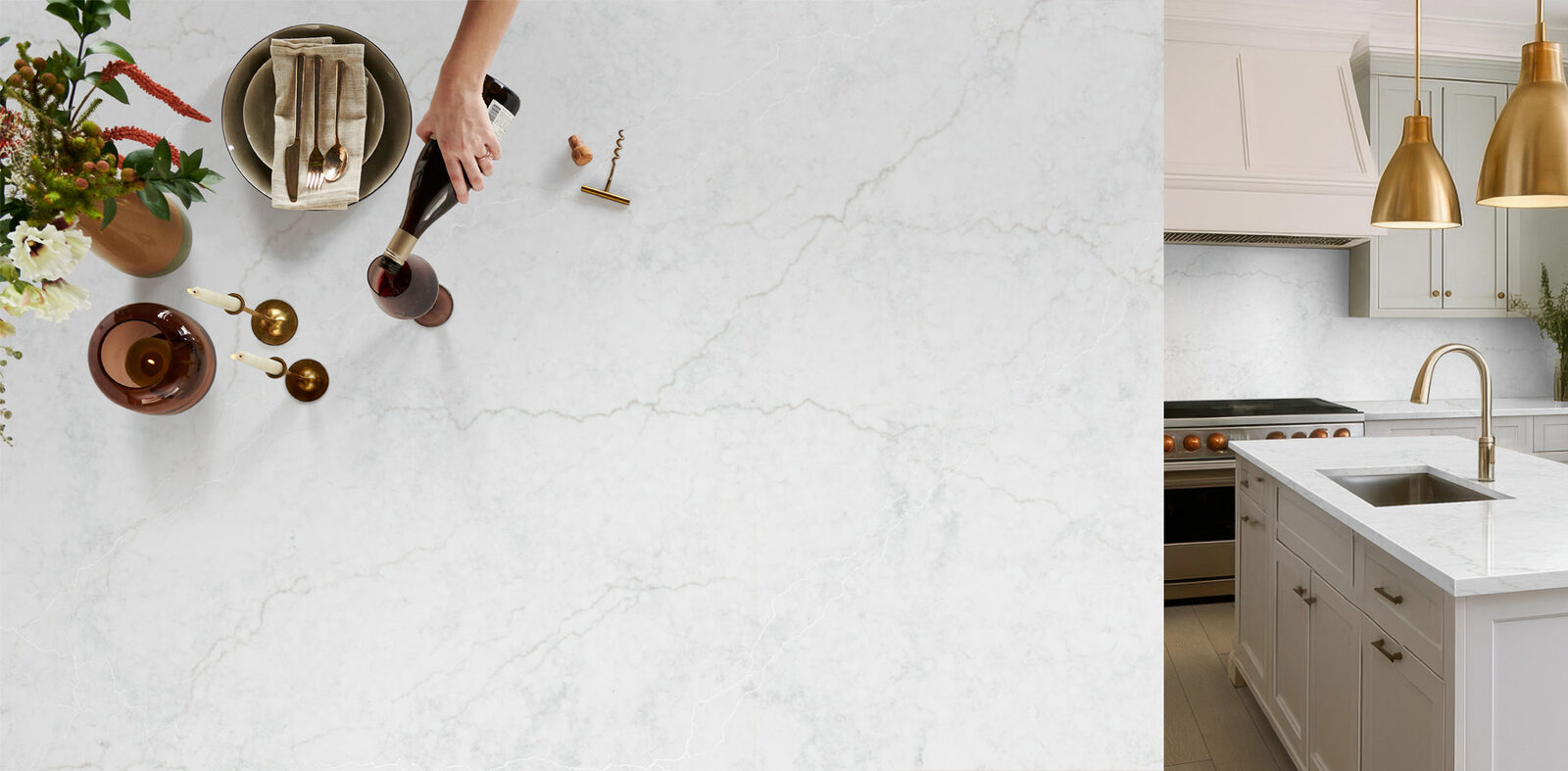 Calacatta-look quartz countertop with dramatic gray veining