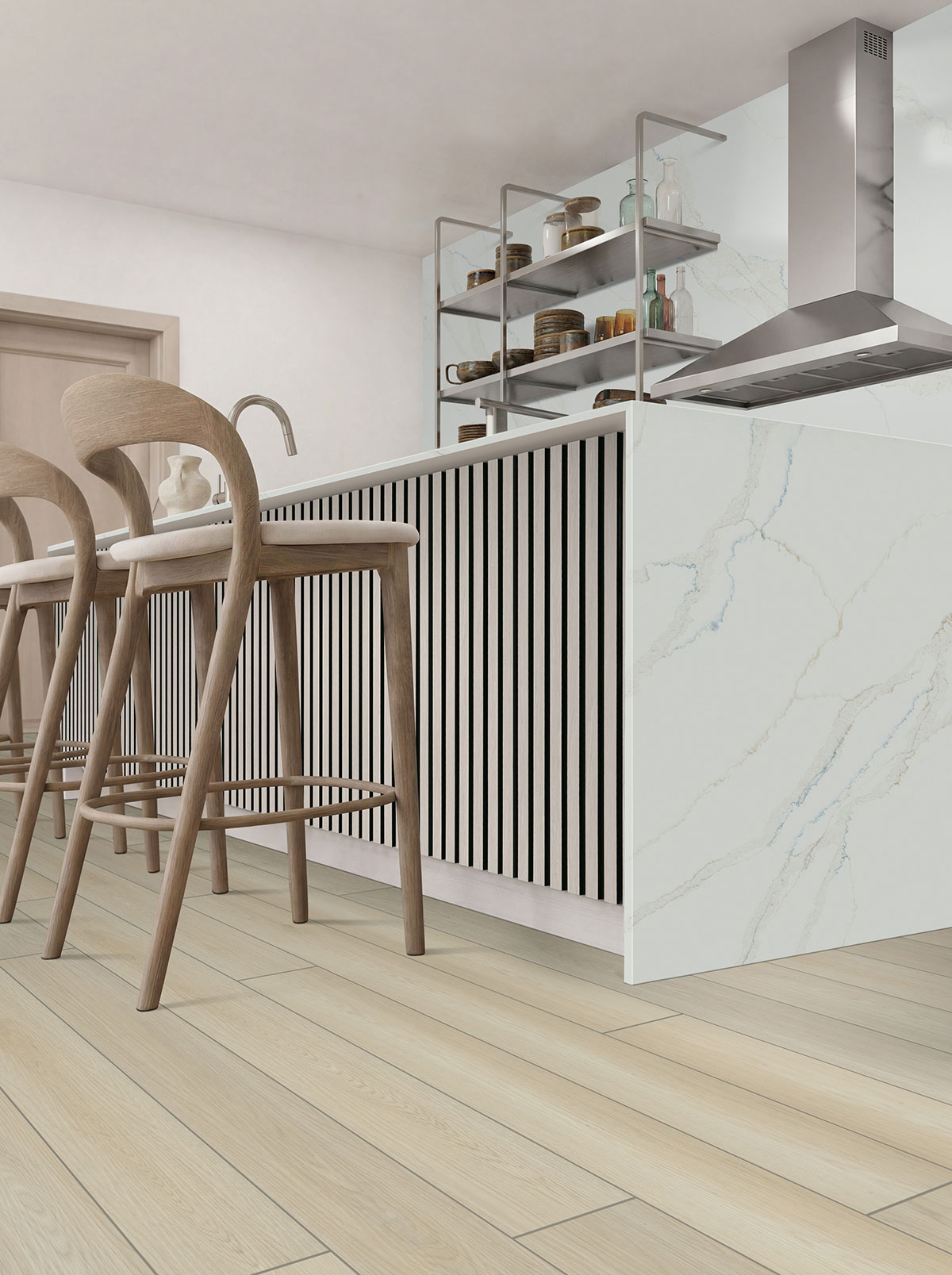 Fog 24x48 Acoustic Wood Slat — installed in a kitchen (scene 1680)