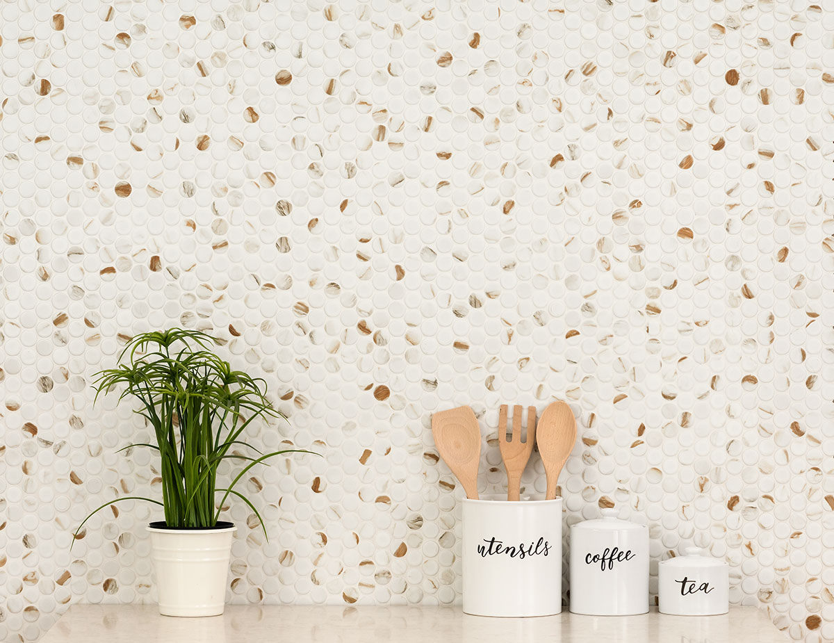 Calacatta Gold Matte Round Backsplash Tile — installed (view 1)
