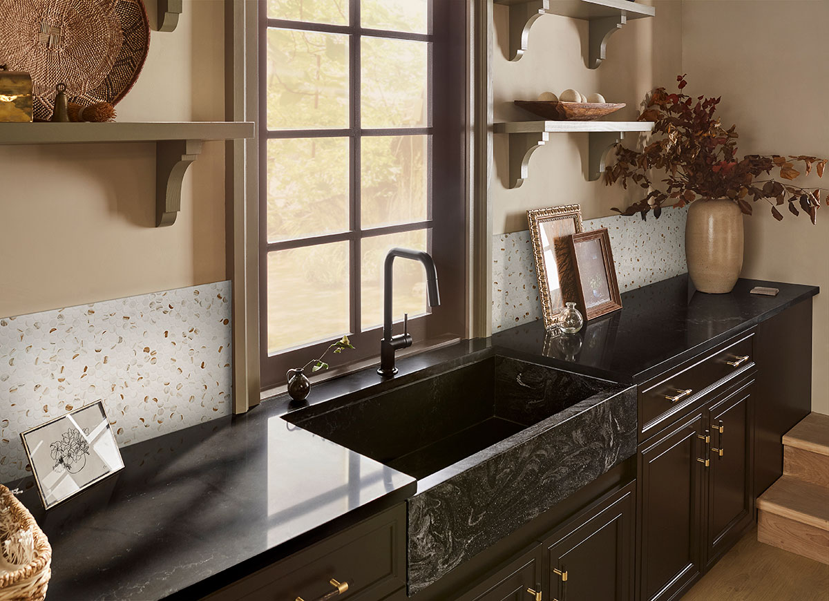 Calacatta Gold Matte Round Backsplash Tile — installed (view 3)