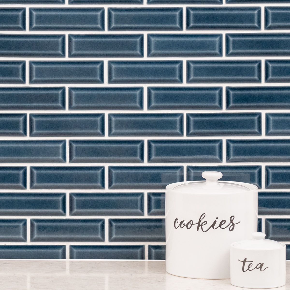 Bay Blue Beveled Tile 2x6 — installed (view 1)