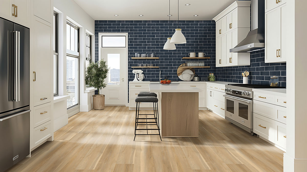 Bay Blue Glazed Handcrafted 4x12 Tile — installed in a kitchen (scene 1153)