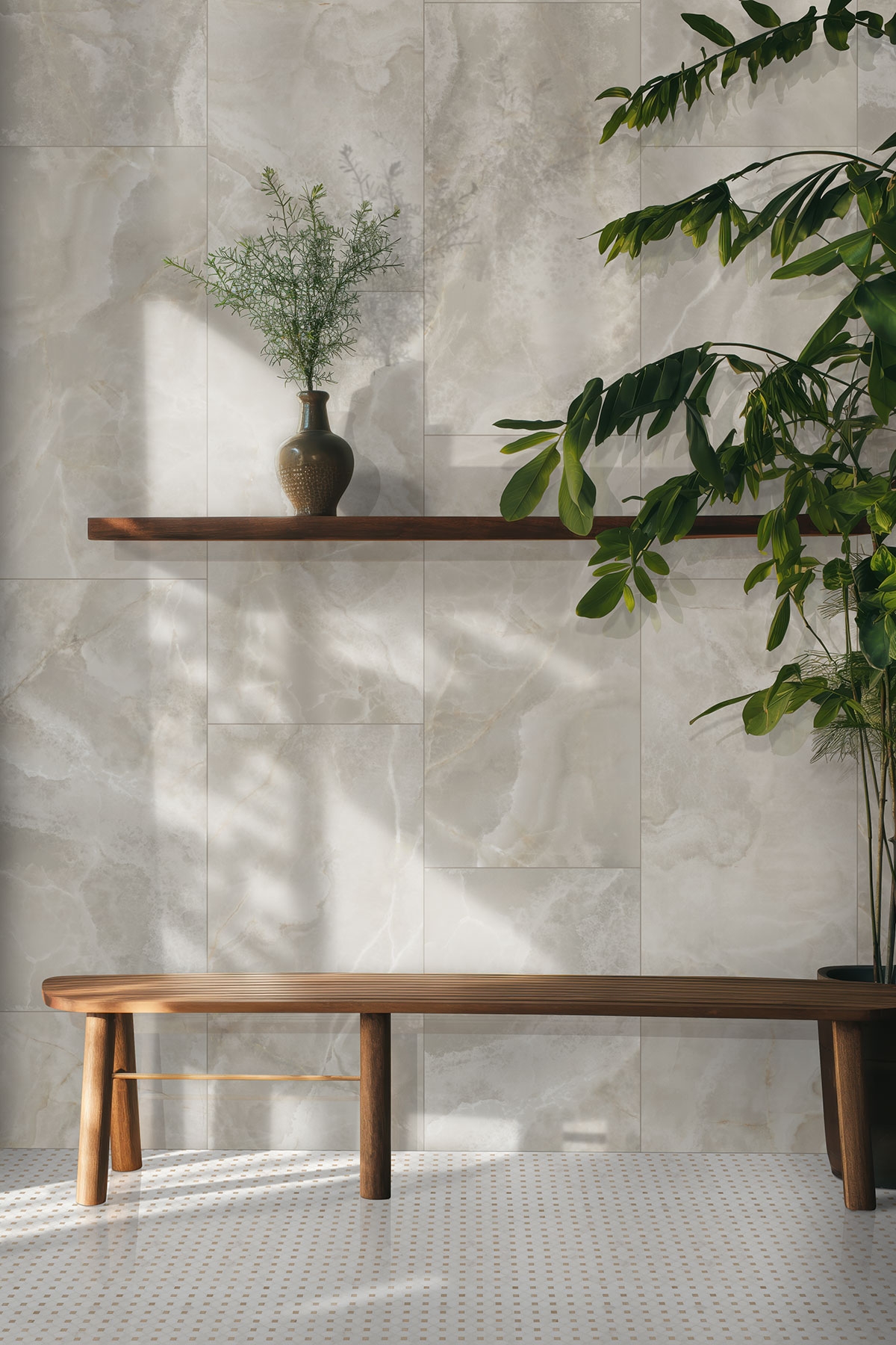 Bianco Dolomite Crema Dotty Polished Marble Mosaic Tile — installed (scene 1063)
