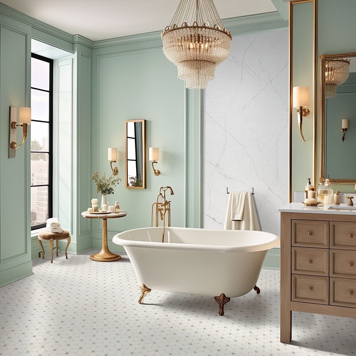 Bianco Dolomite Crema Dotty Polished Marble Mosaic Tile — installed (view 6)