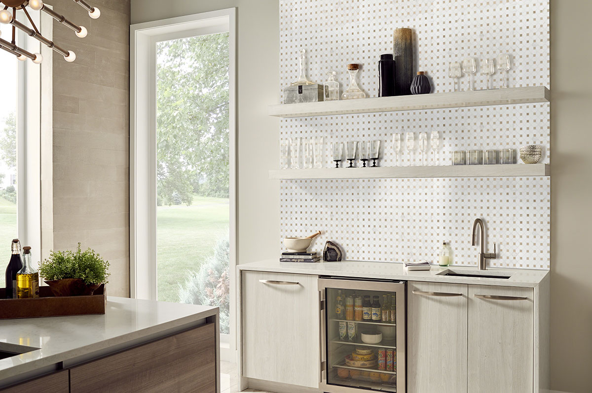 Bianco Dolomite Crema Dotty Polished Marble Mosaic Tile — installed (view 3)