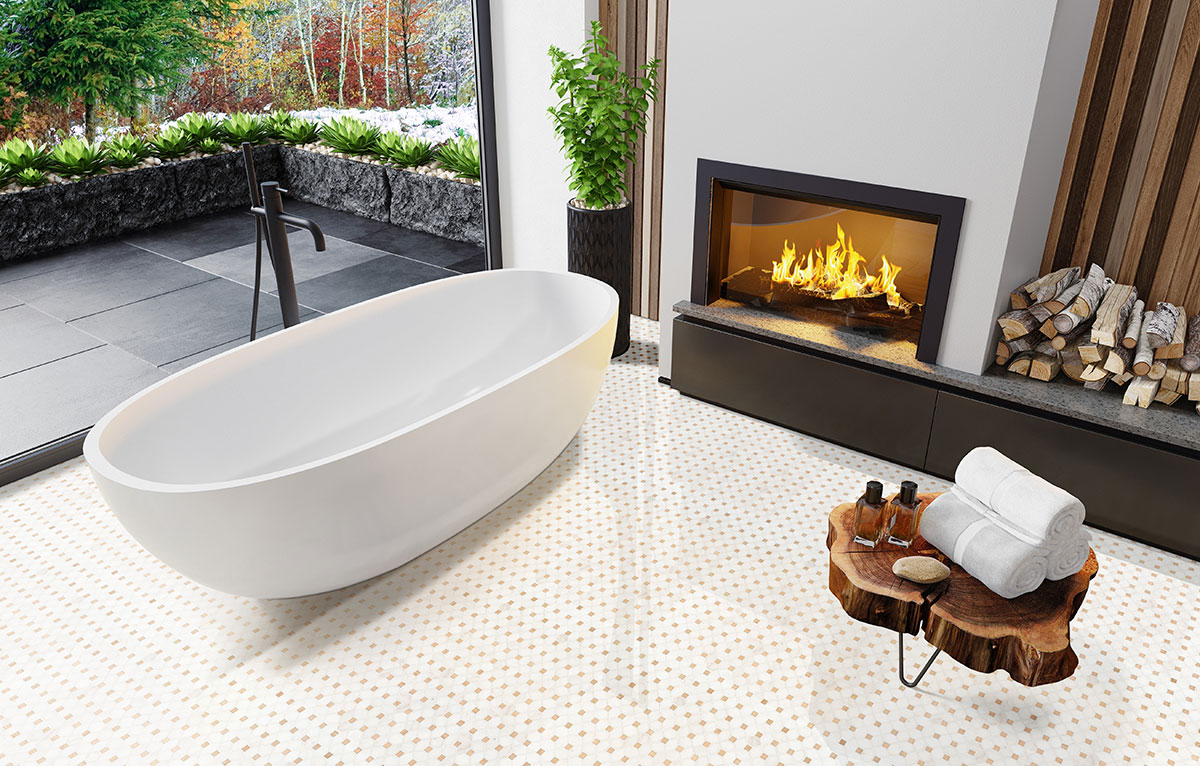 Bianco Dolomite Crema Dotty Polished Marble Mosaic Tile — installed (view 4)