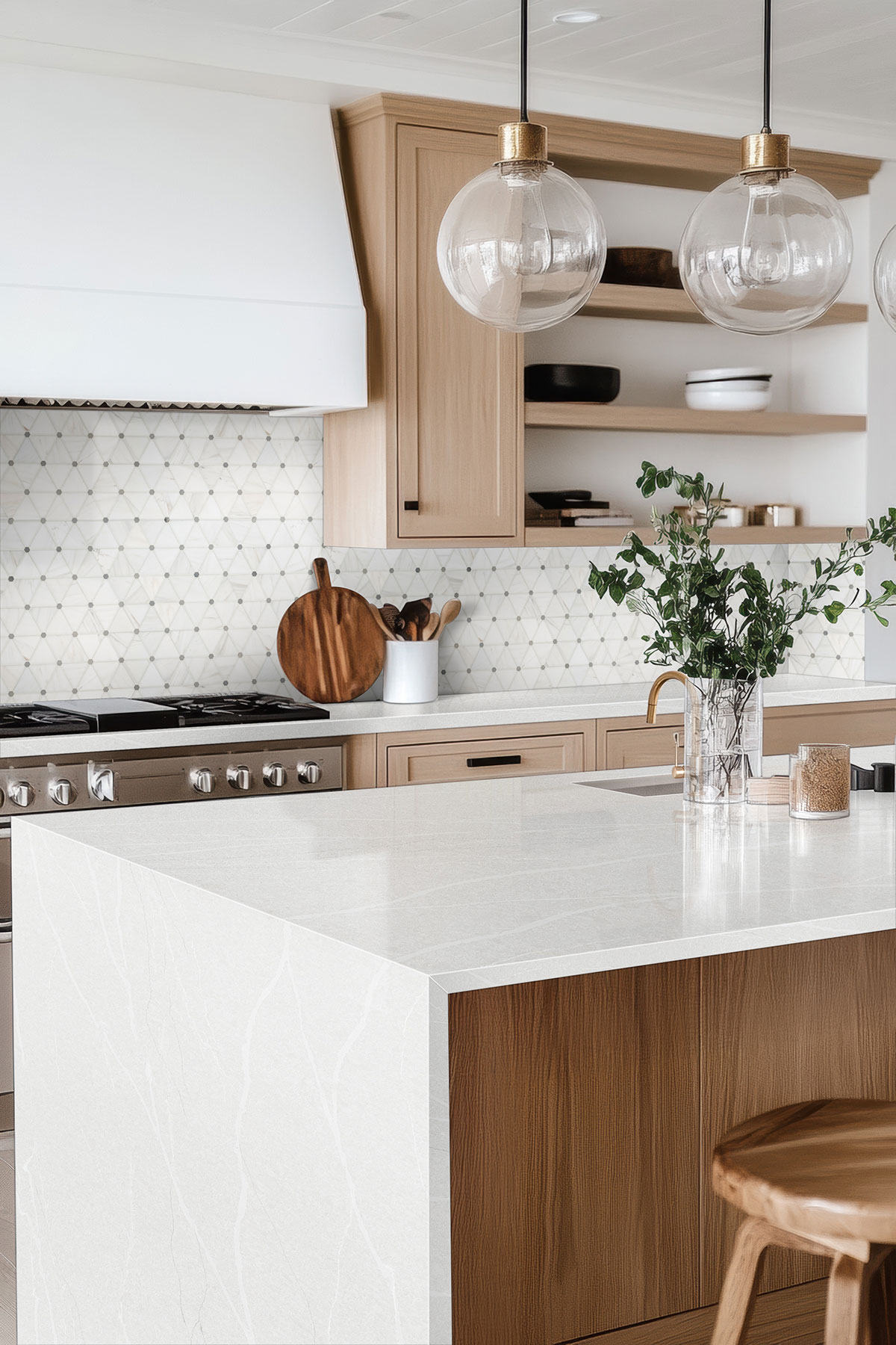 Bianco Dolomite Pinwheel Polished Marble Mosaic Tile — installed in a kitchen (scene 1552)