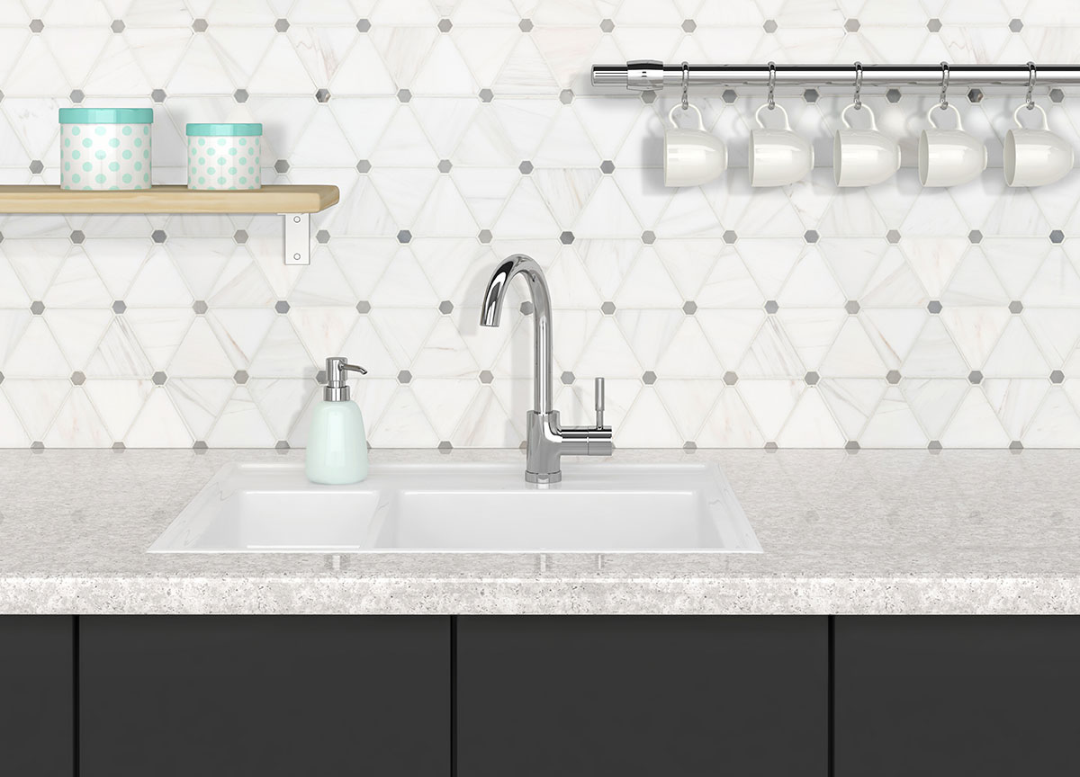 Bianco Dolomite Pinwheel Polished Marble Mosaic Tile — installed (view 5)