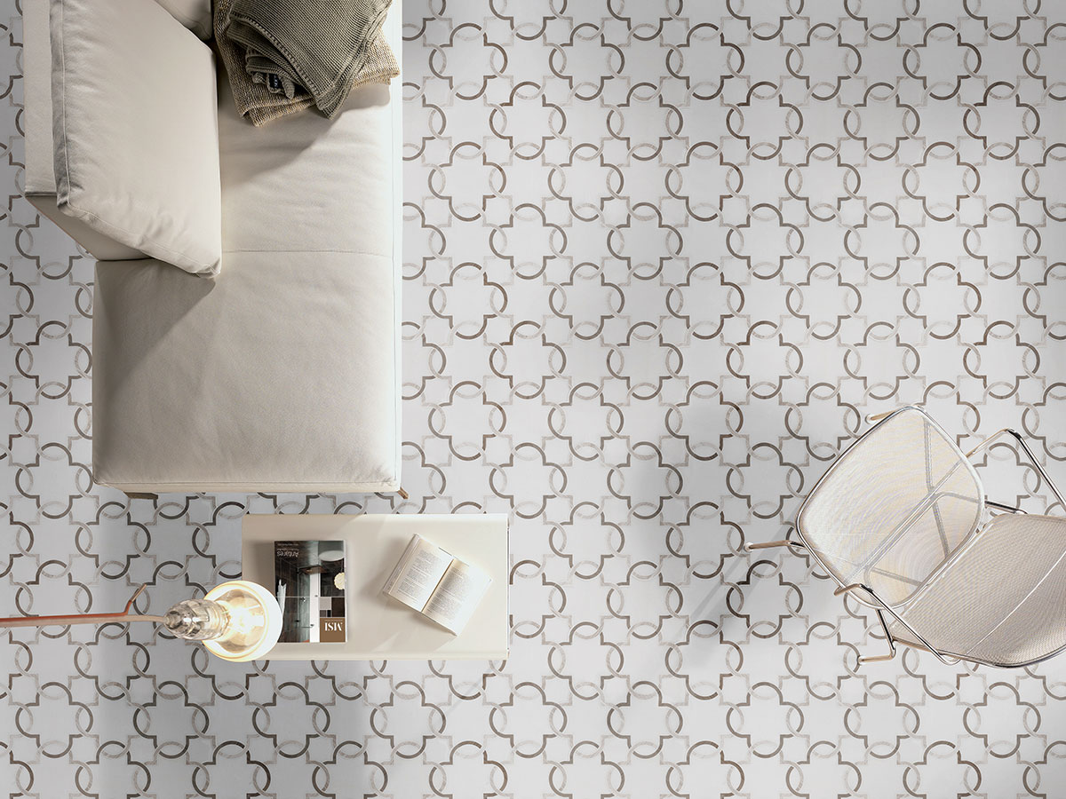 Bianco Quatrefoil Polished 10mm Tile — installed (view 4)