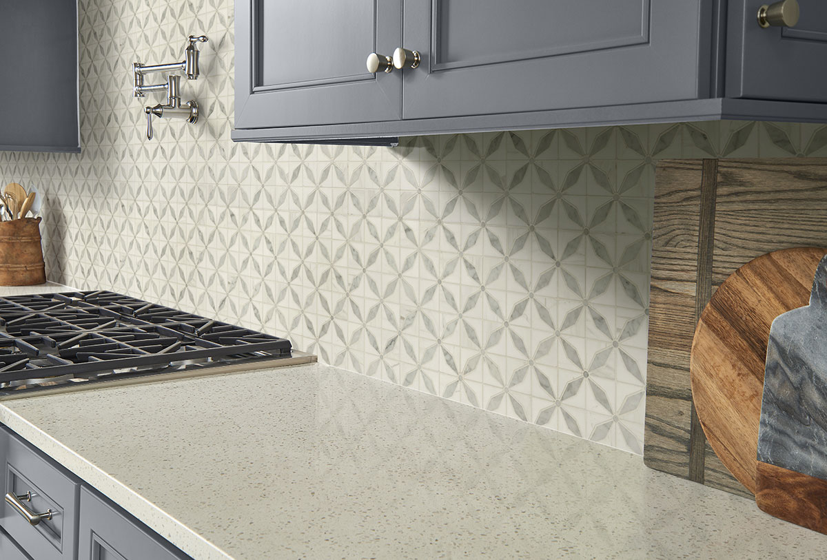 Bianco Starlite Polished Marble Mosaic Tile — installed (view 4)
