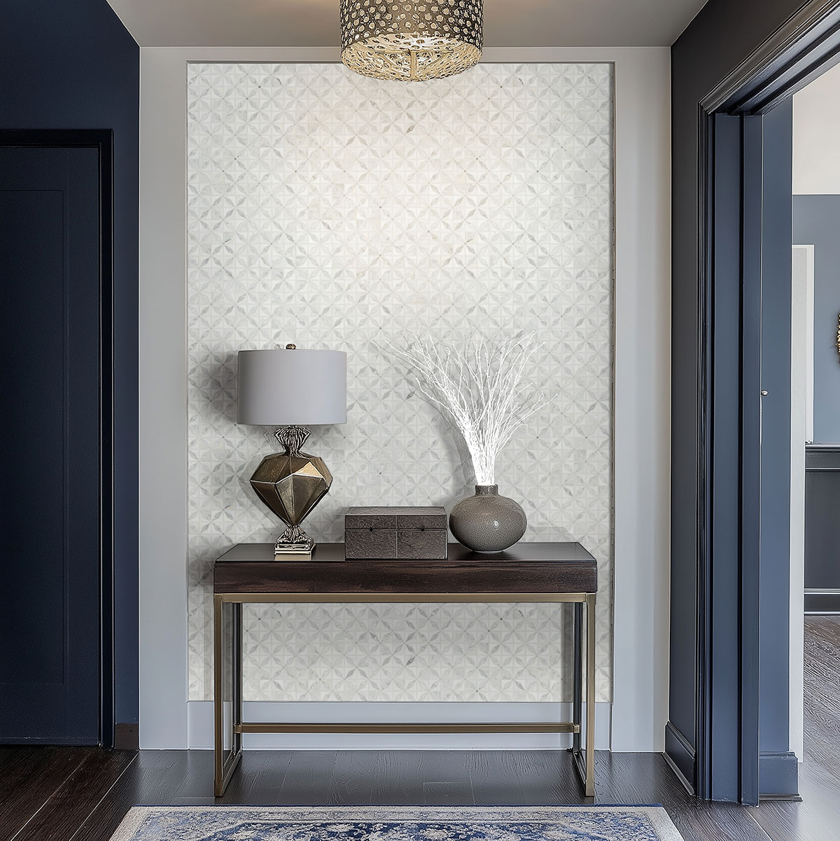 Bianco Starlite Polished Marble Mosaic Tile — installed (scene 0230)