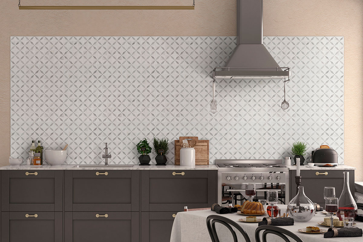 Bianco Starlite Polished Marble Mosaic Tile — installed (view 2)