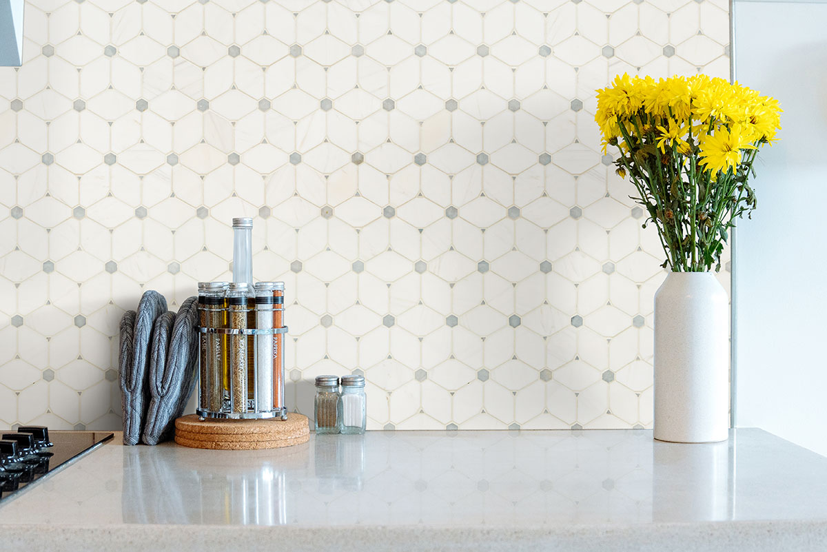Cecily Grigio Polished Marble Tile — installed (view 1)