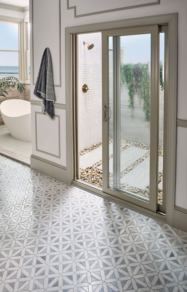 Bianco Dolomite Dotty Pattern Mosaic Tile — installed (view 2)
