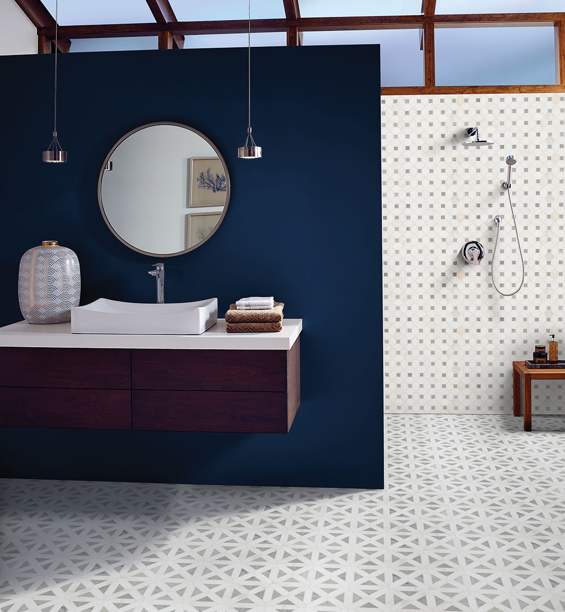 Bianco Dolomite Dotty Pattern Mosaic Tile — installed (view 1)