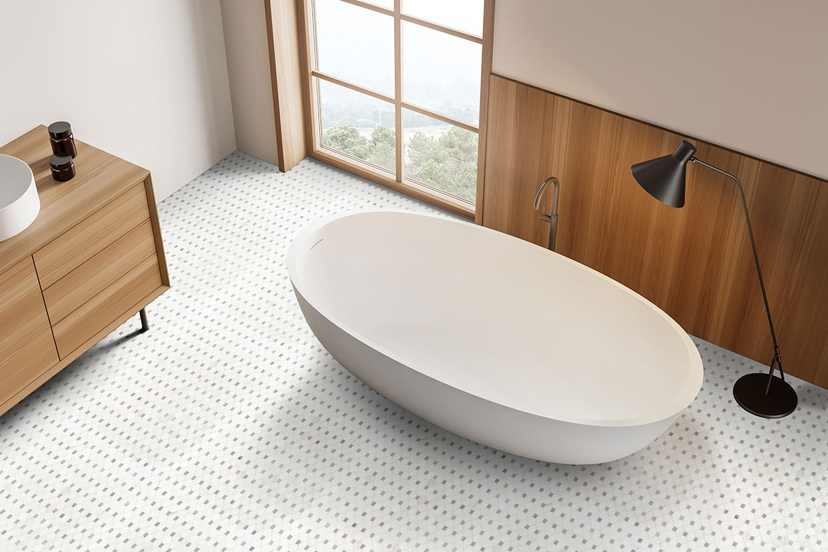 Bianco Dolomite Dotty Pattern Mosaic Tile — installed (view 4)