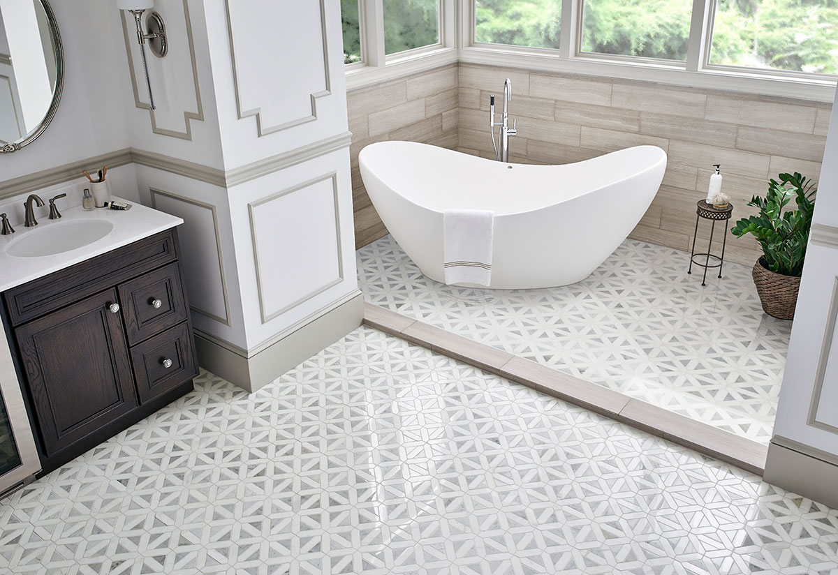Bianco Dolomite Geometrica Polished Tile — installed (view 5)