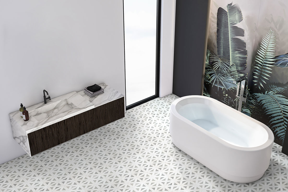 Bianco Dolomite Geometrica Polished Tile — installed (view 6)