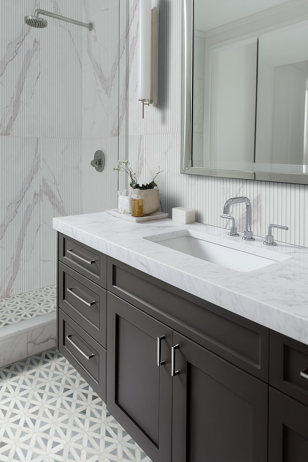 Bianco Dolomite Geometrica Polished Tile — installed in a bathroom (scene 0837)