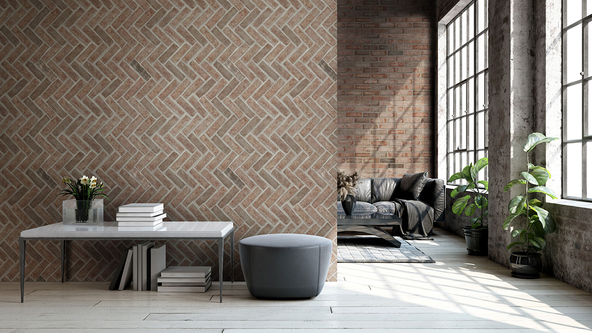 Noble Red Reclaimed Clay Brick Herringbone Tile — installed (view 4)