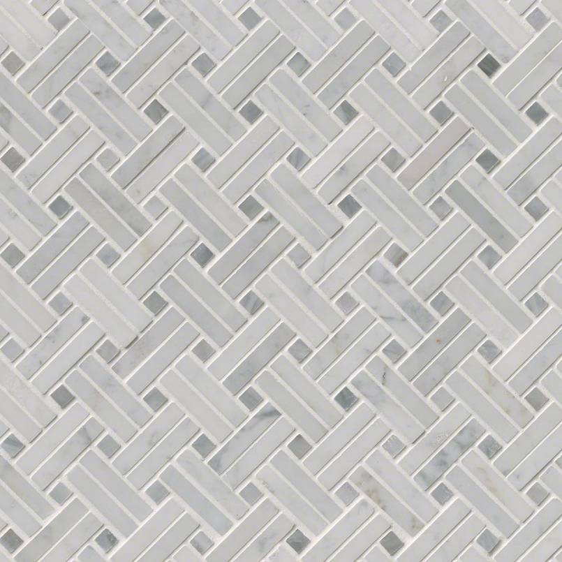 Carrara White Basketweave Pattern Polished Tile Natural Marble in a kitchen