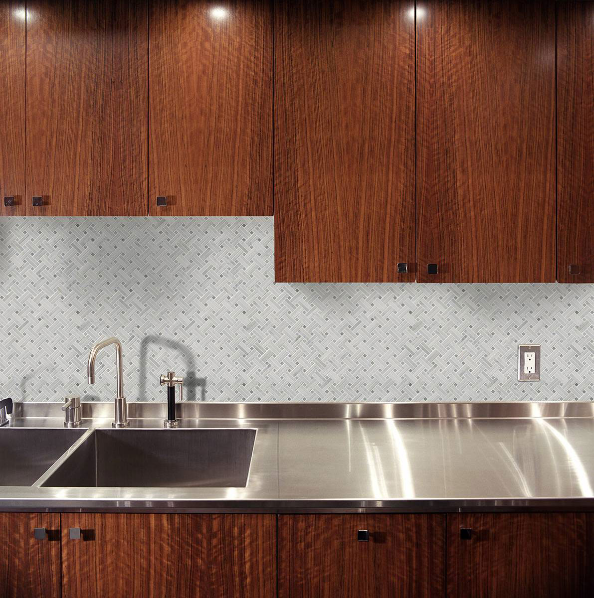 Carrara White Basketweave Pattern Polished Tile — installed (view 1)