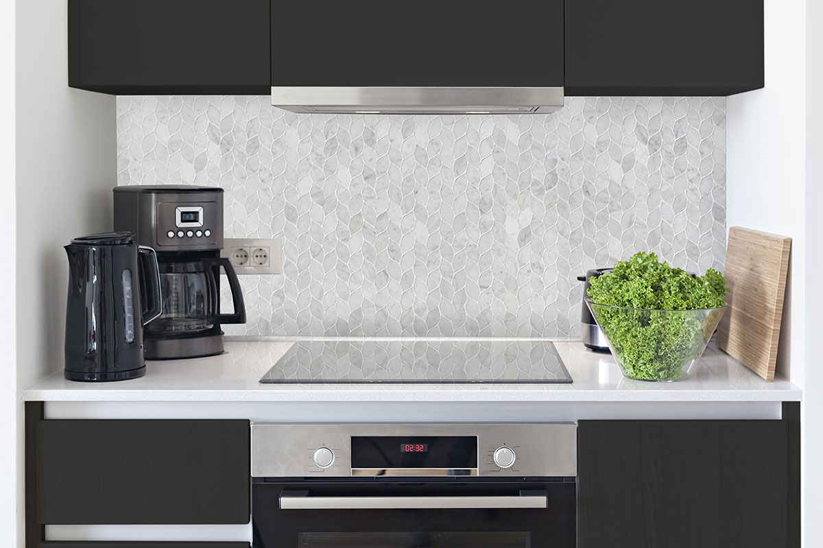 Carrara White Blanco Pattern Honed Tile — installed in a kitchen (scene 0718)