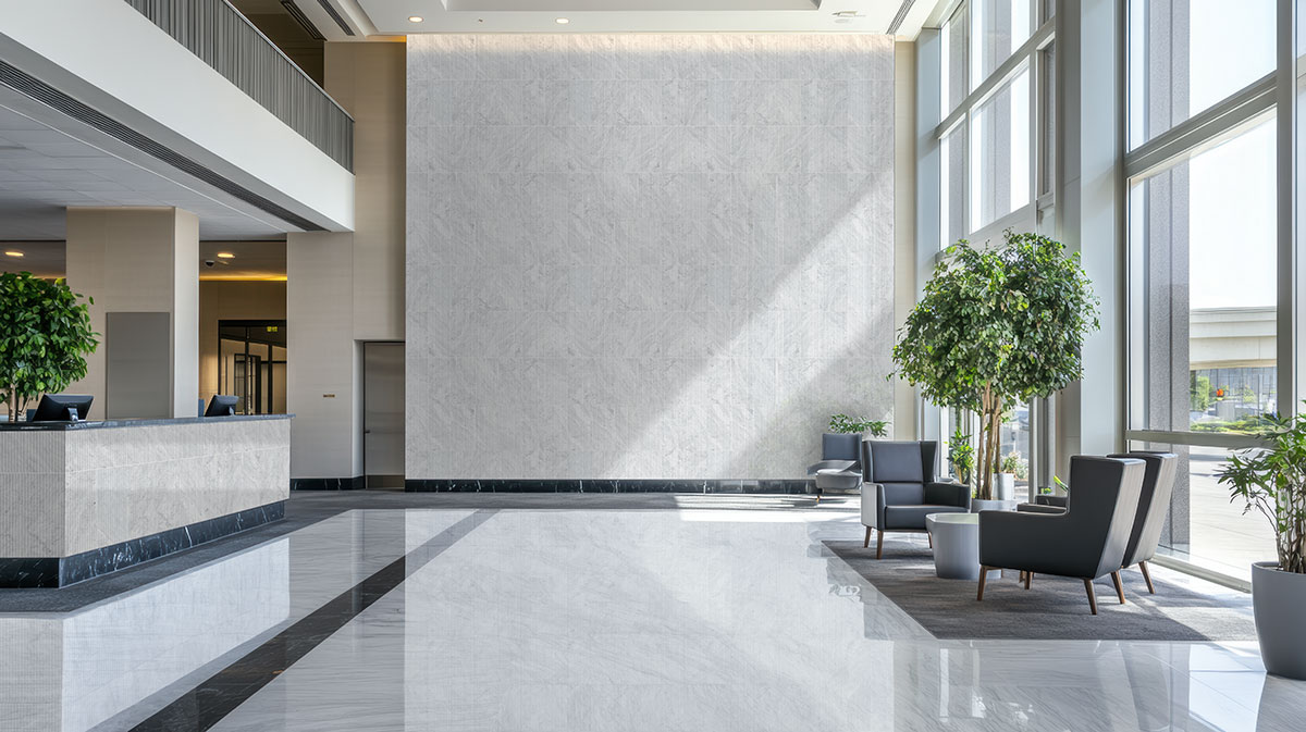 Carrara White Valentino Fluto 12x24 Honed Tile — installed in a commercial space (scene 0217)