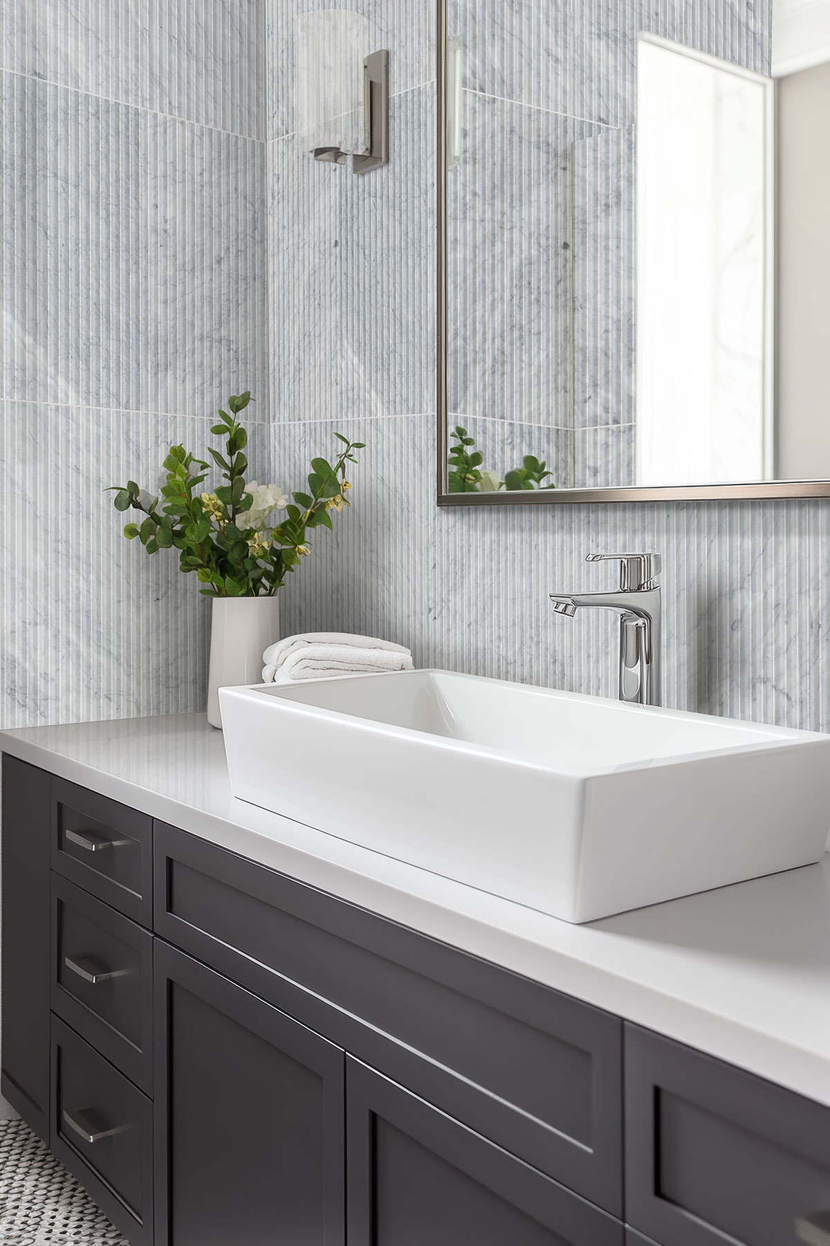 Carrara White Valentino Fluto 12x24 Honed Tile — installed in a bathroom (scene 0855)