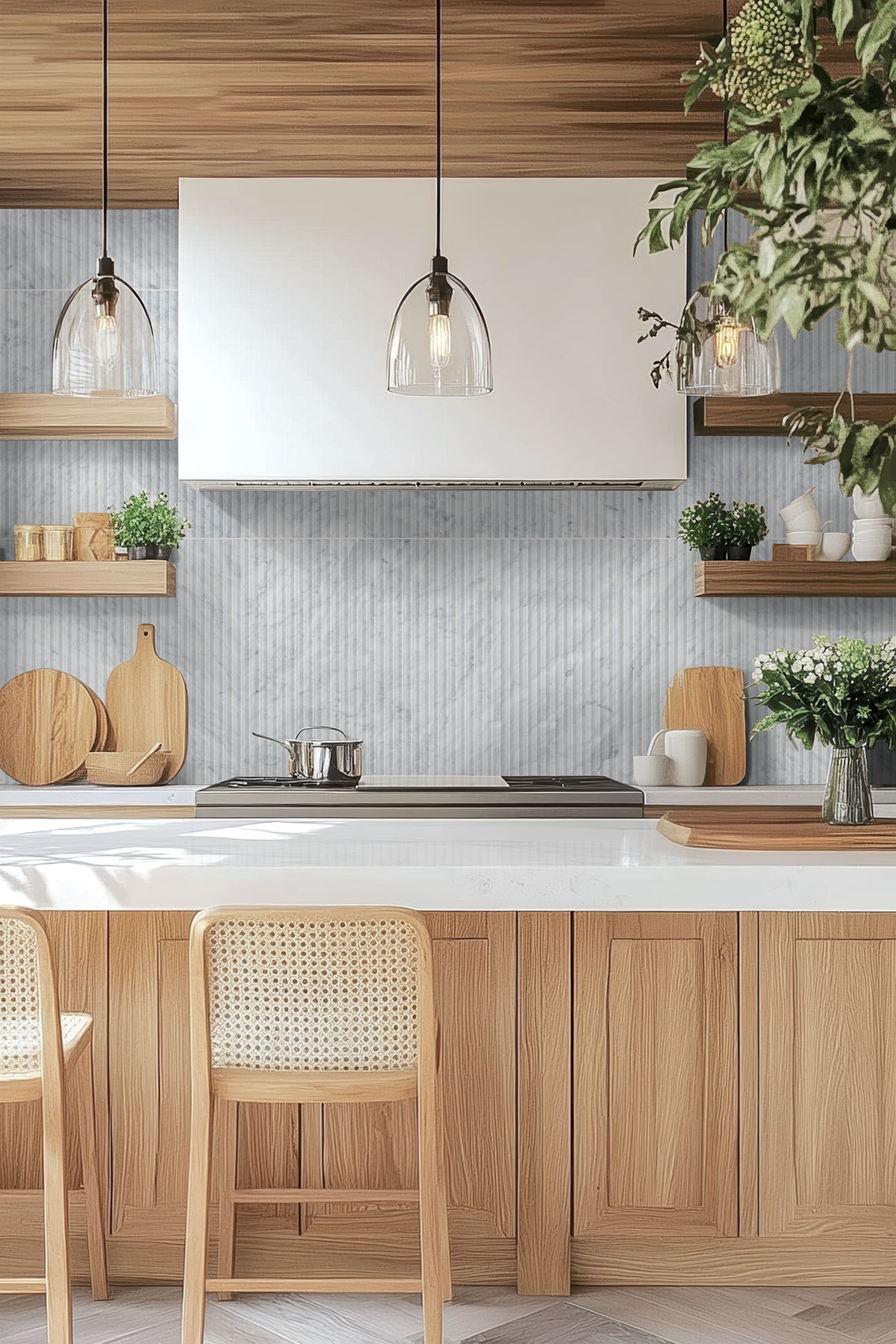 Carrara White Valentino Fluto 12x24 Honed Tile — installed in a kitchen (scene 1251)