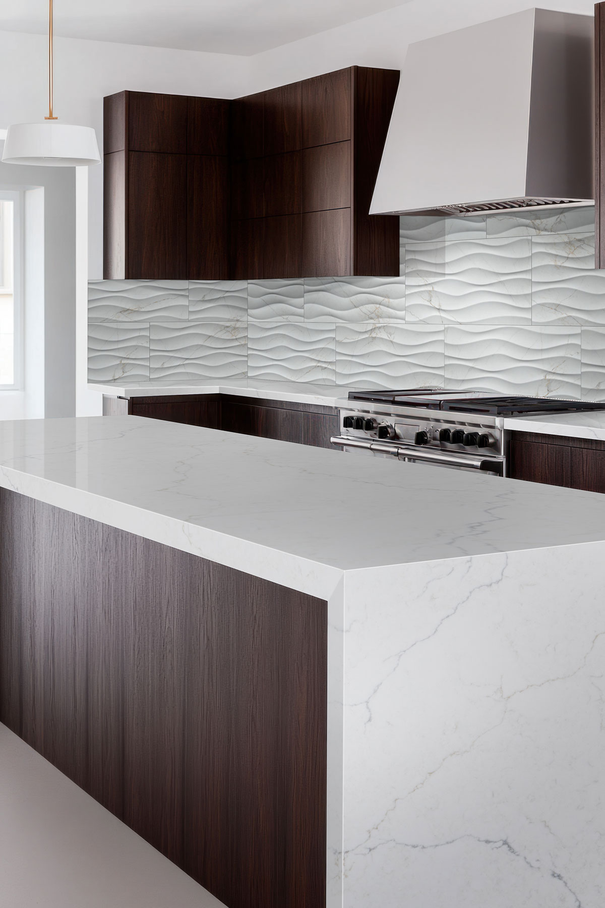 Dymo Calacatta Wavy White 12x24 Glossy — installed in a kitchen (scene 1416)