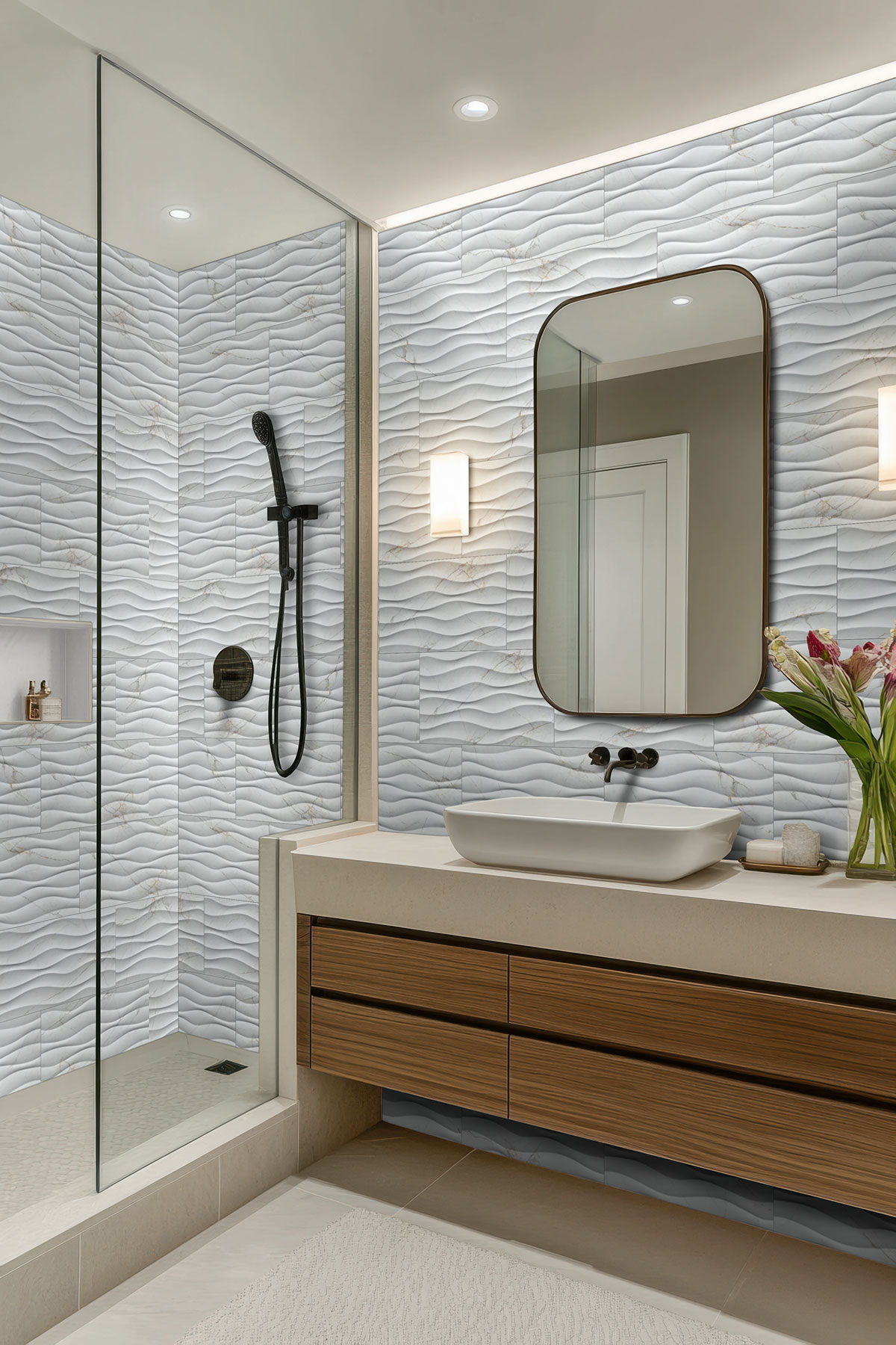 Dymo Calacatta Wavy White 12x24 Glossy — installed in a bathroom (scene 1026)