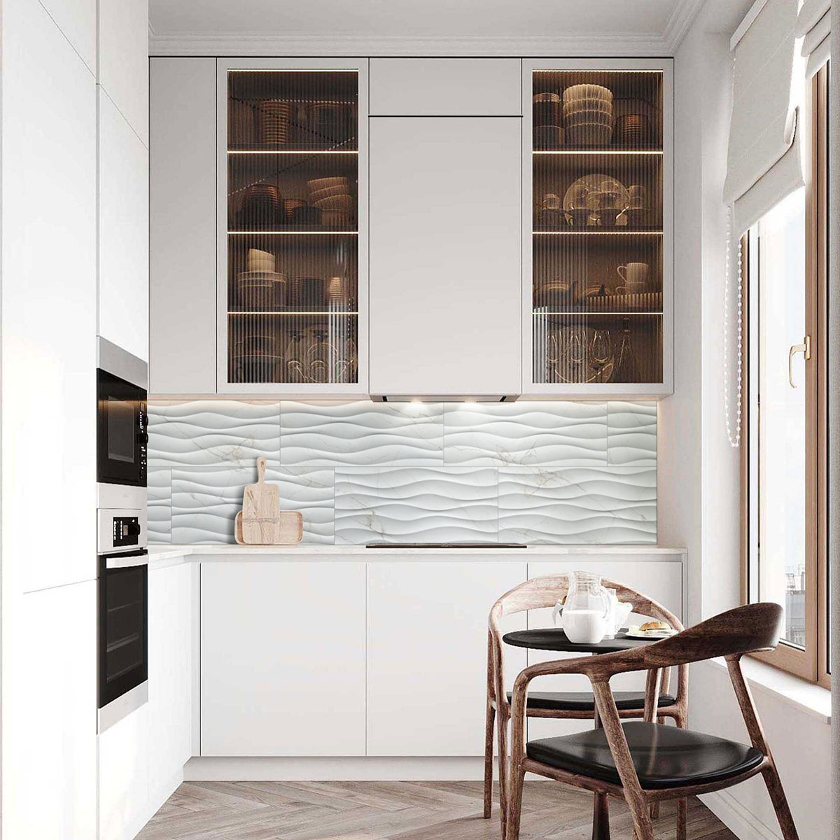 Dymo Calacatta Wavy White 12x24 Glossy — installed in a kitchen (scene 1386)