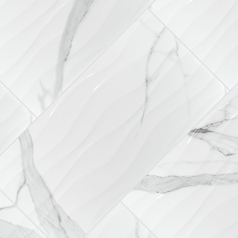 Dymo Statuary Wavy White 12x24 Glossy Large Format Tile Ceramic in a kitchen