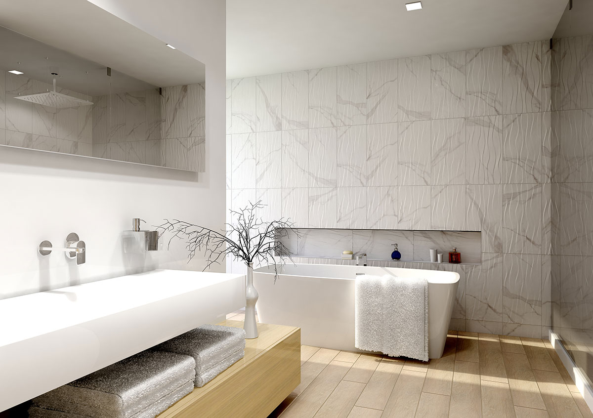 Dymo Statuary Wavy White 12x24 Glossy Large Format Tile — installed (view 1)