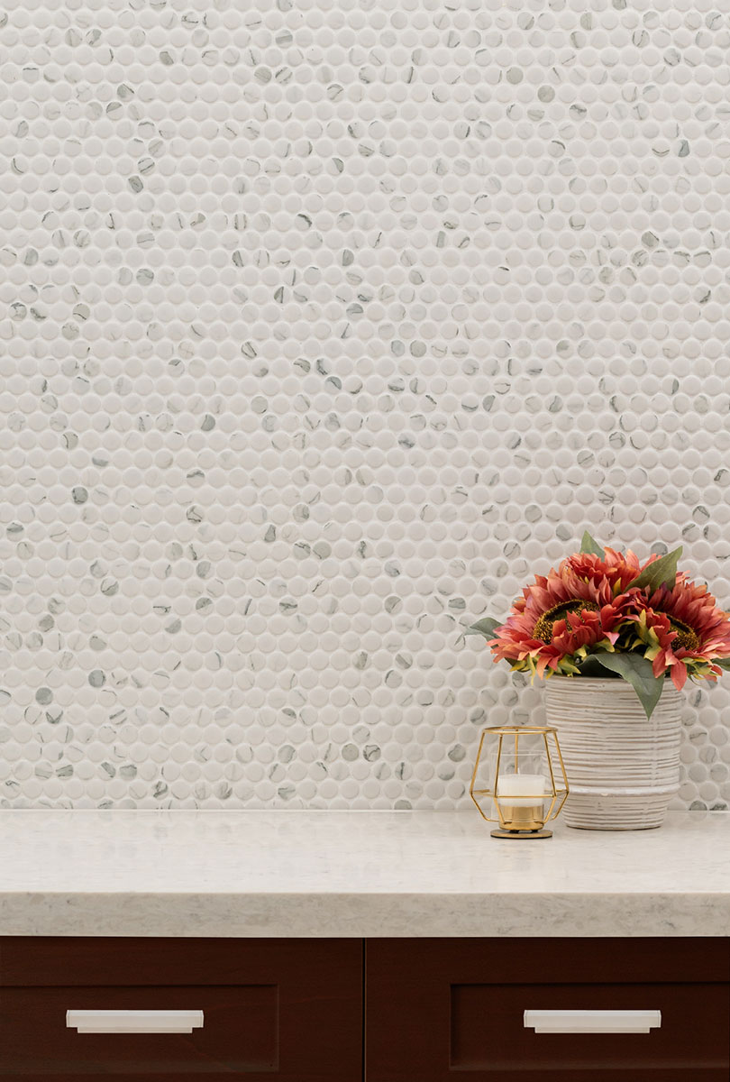 Carrara Matte Penny Round — installed (view 2)