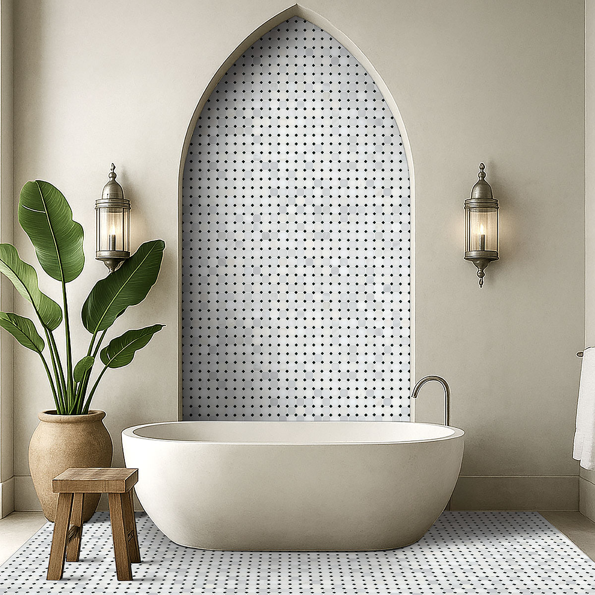 Greecian White 2" Octagon with Black 5/8x5/8 Polished in 12x12 Mesh countertop in a bathroom
