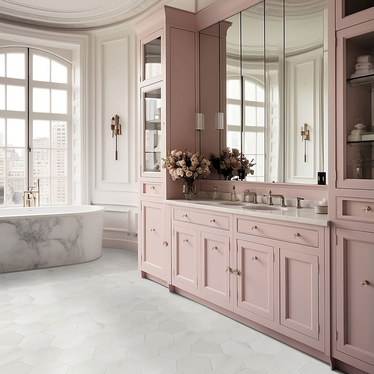 Greecian White 8" Hexagon Polished countertop in a bathroom